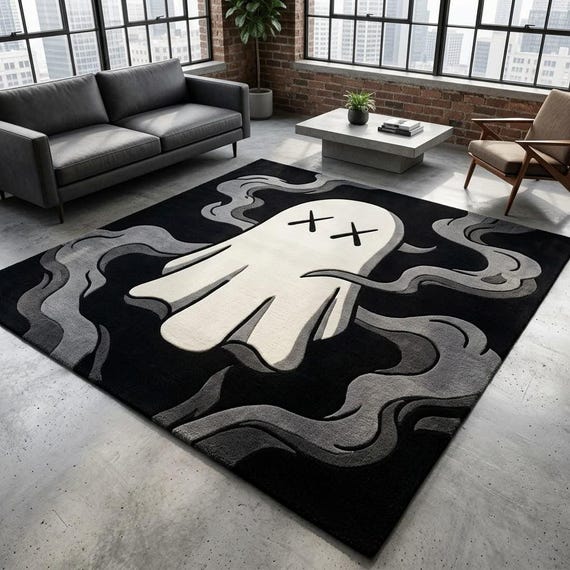 Hand Tufted Wool Ghost Rug, Modern Gothic Abstract Statement Carpet