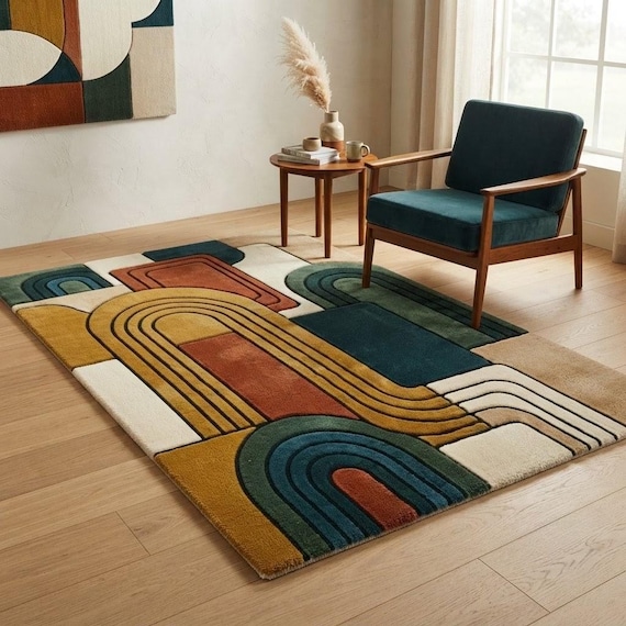 Mid Century Modern Wool Rug, Abstract Geometric Living Room Area Rug, Colorful Boho Statement Carpet, Custom Size Available