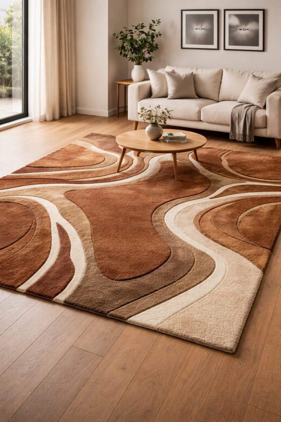 Hand Tufted Abstract Area Rug | Modern Wavy Pattern Wool Rug | Terracotta Beige Contemporary Rug | Mid Century Living Room Carpet