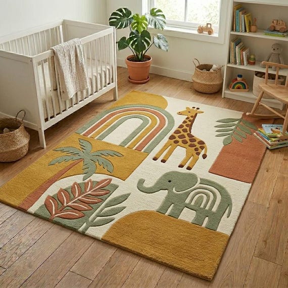 Handmade Sculpted Jungle Rug for Nursery or Playroom - Premium Tufted Wool Safari Art Rug - Custom Sizes