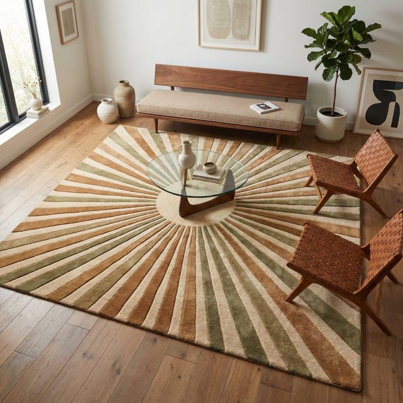 Sunburst Wool Area Rug Mid Century Modern Hand Tufted Beige Olive Brown Retro Living Room 8x10 9x12 Custom Size