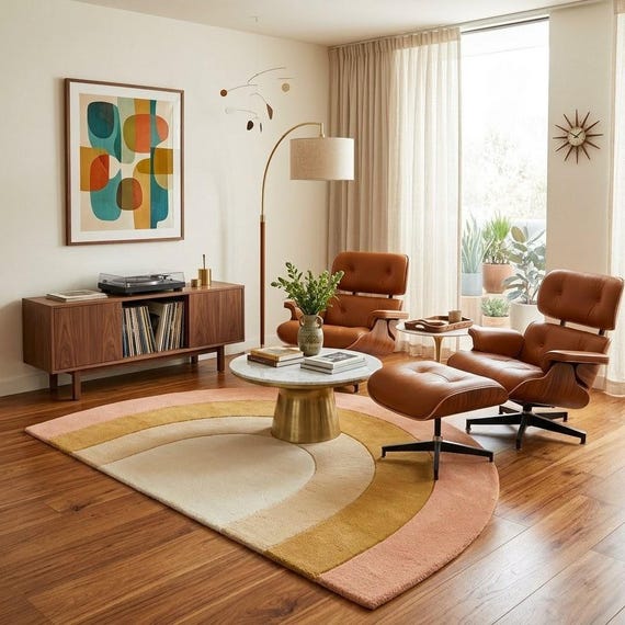 Rainbow Arch Rug, Hand Tufted Wool Area Rug, Modern Boho Nursery & Living Room Carpet, Neutral Pink Custom Size