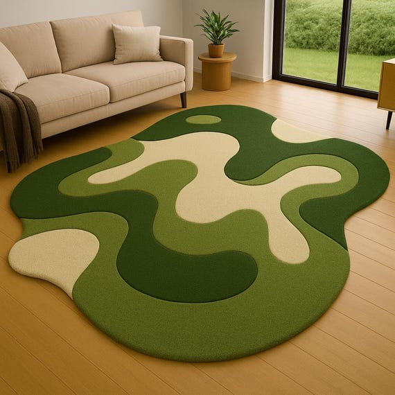 Handmade Wool Rug: Abstract Green Wavy Carpet, Custom Shape