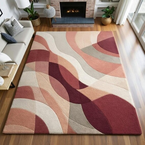 Hand-Tufted Wool Area Rug | Abstract Wave, Terracotta & Burgundy
