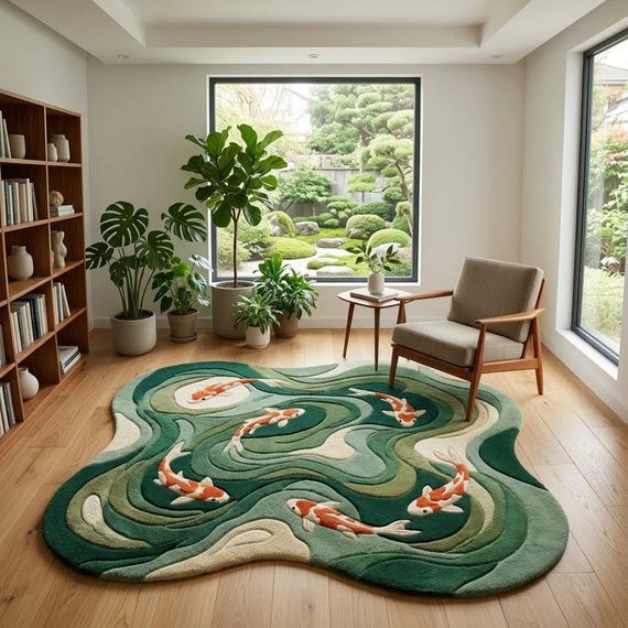 Hand Tufted Koi Fish Pond Rug, Organic Irregular Wool Area Rug, Japanese Zen Modern Green Carpet for Living Room, Custom Size Available