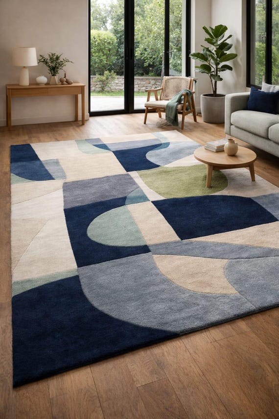 Hand Tufted Abstract Geometric Area Rug, Modern Blue Beige Designer Rug for Living Room