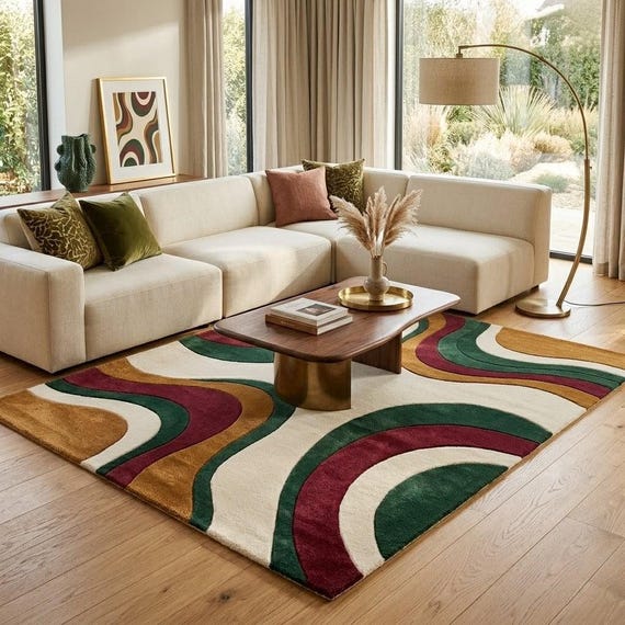 Mid Century Modern Area Rug, Abstract Wavy Pattern, Retro Green Red Brown Wool Carpet, Boho Living Room Decor, Custom Sizes Available