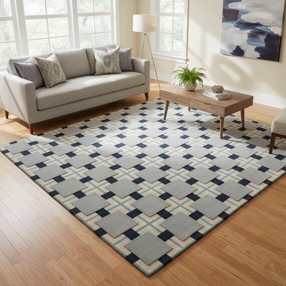 Geometric Wool Area Rug Mid Century Modern Hand Tufted Blue Gray Checkered Luxury Living Room Carpet 8x10 9x12 Custom Size