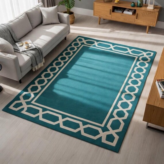 Teal Geometric Wool Rug | Modern Ivory Border, Handmade