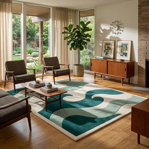 Green Wave Abstract Rug - Hand Tufted Wool Area Rug for Living Room, Bed, Nursery - Teal & Sage Modern Mid-Century Decor - Custom Size
