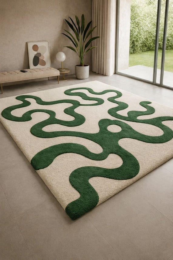 Modern Green Abstract Tufted Area Rug Soft Minimal Handmade Carpet for Living Bedroom Decor