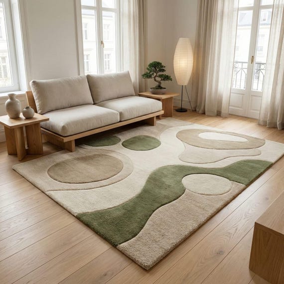 Hand Tufted Wool Area Rug, Organic Abstract Green Beige Rug, Modern Minimalist Carpet Custom Size Living Room Bedroom Rug Soft Natural Wool