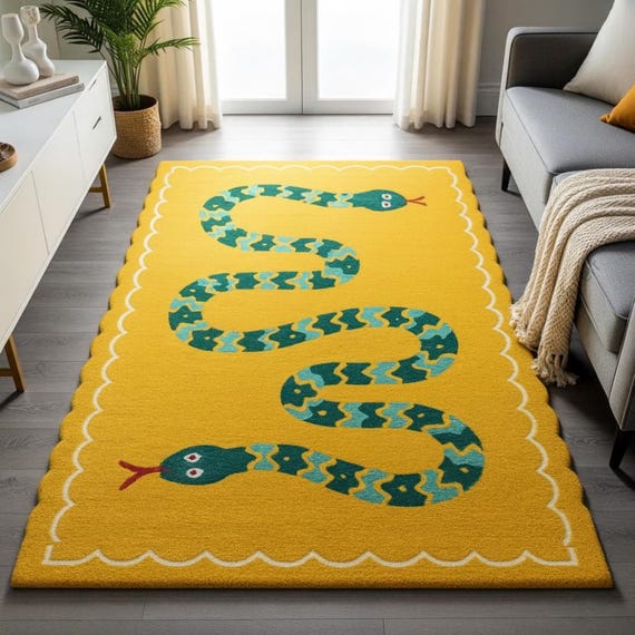 Yellow Snake Wool Rug, Hand-Tufted Children's Carpet