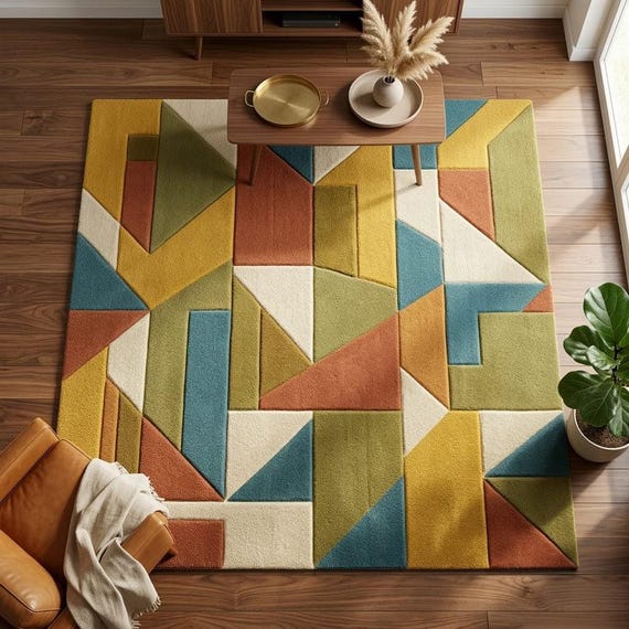Geometric Wool Area Rug Mid Century Modern Hand Tufted Colorful Mustard Teal Rust Abstract Plush Living Room Rug 8x10 9x12 Custom Size