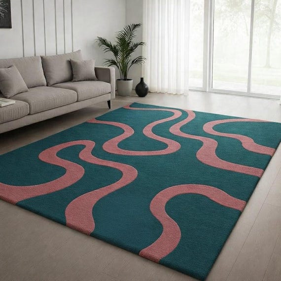 Handmade Wool Area Rug – Teal, Blush Pink Wavy Pattern