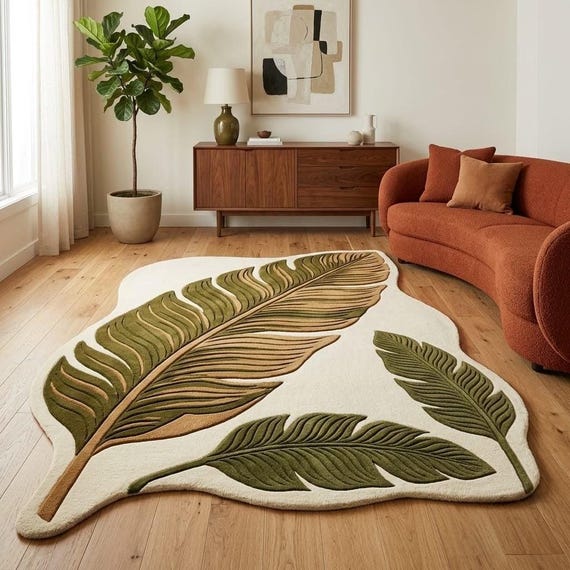 Modern Botanical Wool Rug | Organic Leaf Shaped Green Beige Area Rug for Living Room, Bedroom Nursery | Custom Size Available