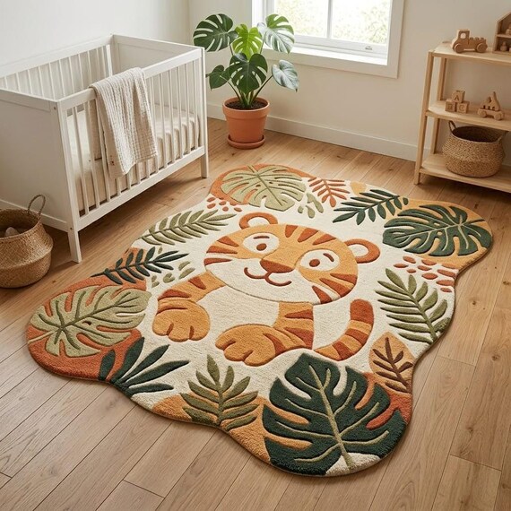 Tiger Nursery Rug, Jungle Animal Hand Tufted Wool Rug, Kids Room Playroom Boho Area Carpet, Custom Size Available