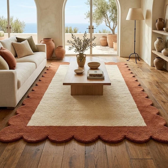 Scalloped Wool Rug, Modern Terracotta and Cream Area Rug, Hand Tufted Boho Living Room Carpet, Aesthetic Accent Rug, Custom Size Available