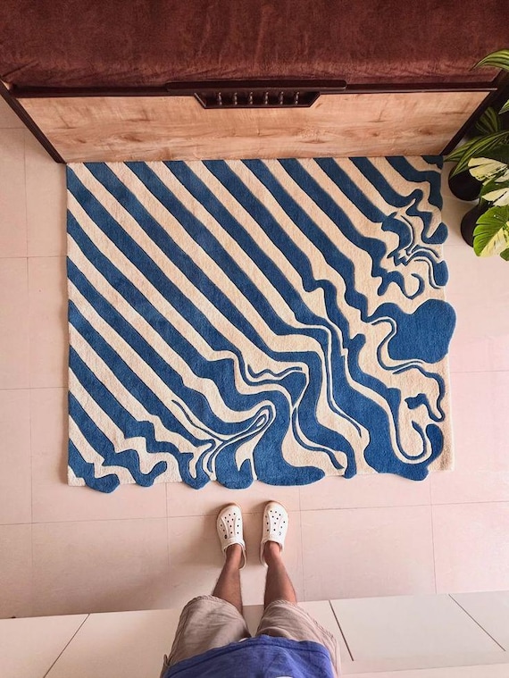 Blue White Abstract Area Rug Modern Hand Tufted New Zealand Wool Plush Luxury Statement Carpet 8x10 9x12 Custom Size