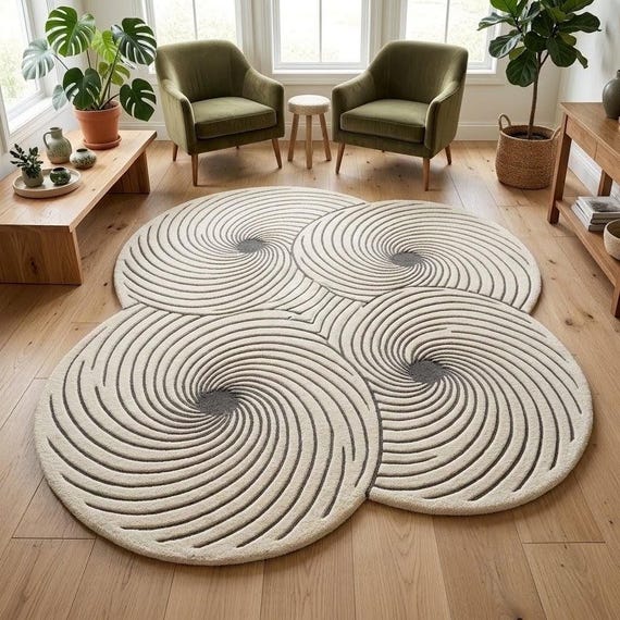 Modern Swirl Wool Rug, Cream and Gray Hand Tufted Round Rug, Abstract Minimalist Living Room Bedroom Decor, Luxury Custom Size