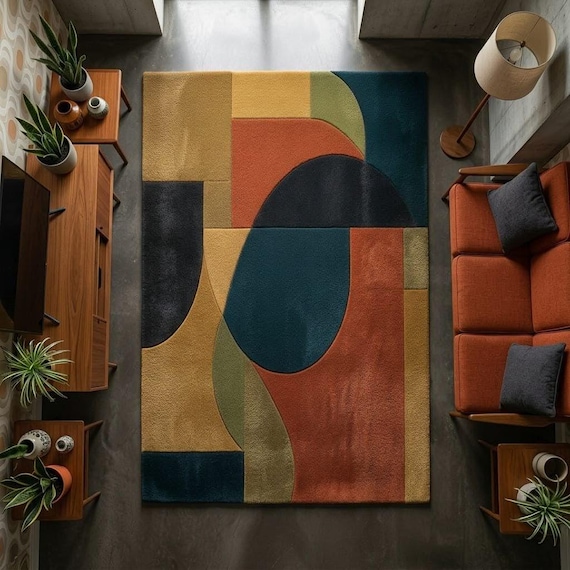Mid-Century Modern Geometric Area Rug - Handmade Wool Rug with Rust Orange, Teal, Mustard Yellow & Olive Green - Custom Sizes Available