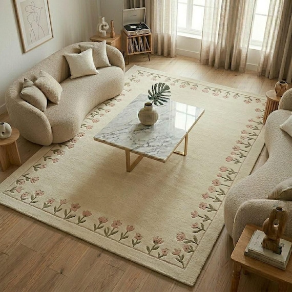 Hand Tufted Wool Rug, Cream Botanical Floral Border, Minimalist Cottagecore Area Carpet