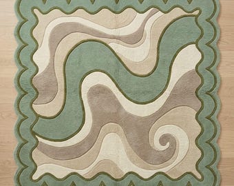Groen vloerkleed met geschulpte rand, modern abstract wollen tapijt, woonkamerkleed met wervelpatroon in mid-century stijl, saliegroene slaapkamerdecoratie, verkrijgbaar in aangepaste maten.