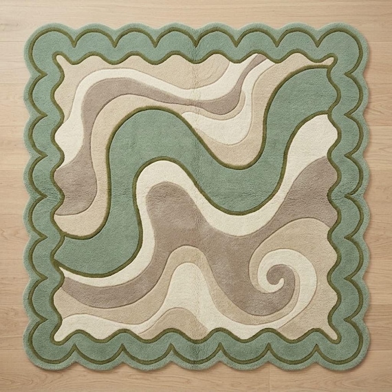 Green Scalloped Area Rug, Modern Abstract Wool Carpet, Mid Century Swirl Living Room Rug, Sage Green Bedroom Decor, Custom Size Available