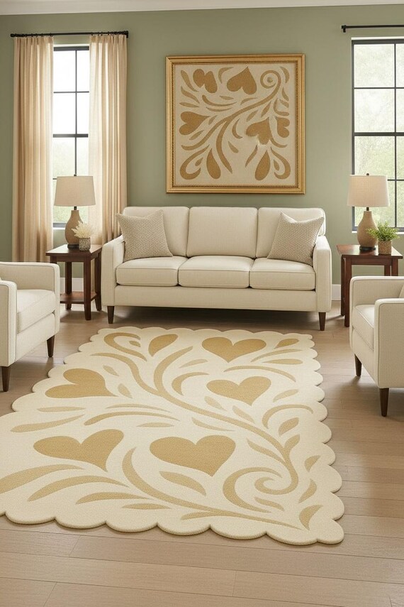 Hand Tufted Wool Rug, Heart Pattern, Scandinavian Floral Design