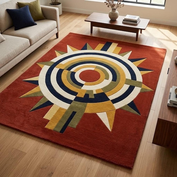 Mid Century Modern Wool Rug, Abstract Sunburst Area Rug, Terracotta Red Living Room Carpet, Geometric Art Deco Rug, Custom Size Available
