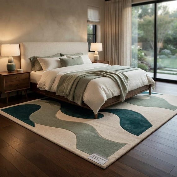 Modern Wave Rug, Sage Green Teal Wool Blend Rug, Hand Tufted Abstract Area Rug for Living Room Bedroom, Custom Size Available