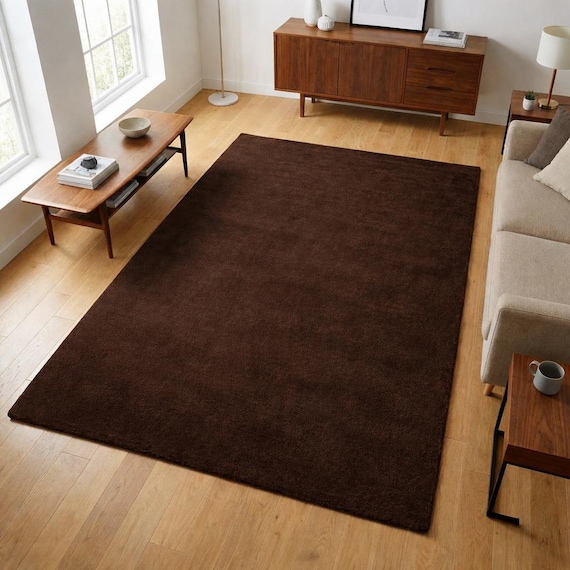 Brown Wool Area Rug Mid Century Modern Hand Tufted Luxury Plush Carpet Dark Chocolate Living Room Decor 8x10 9x12 Custom Size