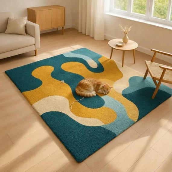 Abstract Modern Area Rug – Teal & Mustard Wavy Pattern Carpet, Minimalist Contemporary Floor Rug for Living Room Bedroom by cozy Carft RUGS