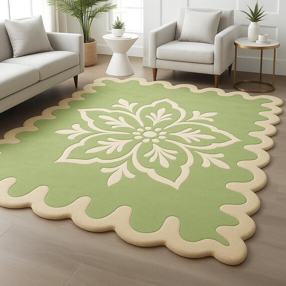 Handcrafted Wool Rug | Green Floral Scallop Design