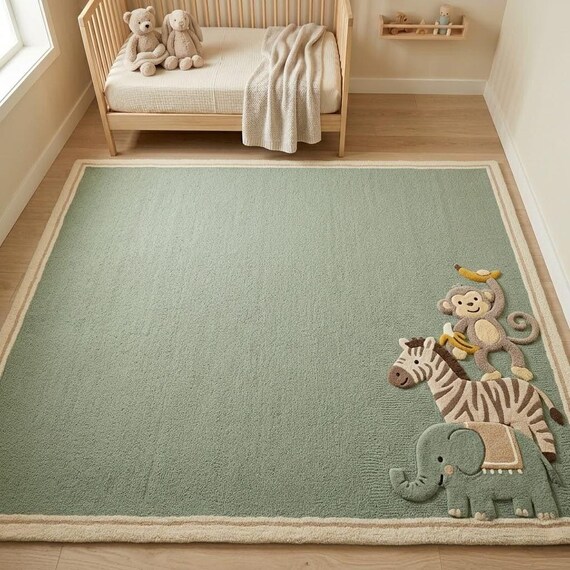 Sage Green Kids Rug, Animal Nursery Rug, Jungle Safari Rug, Hand Tufted Wool Area Rug, Playroom Decor, Living Room Rug, Custom Size