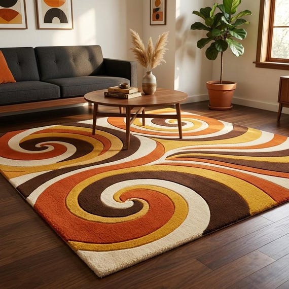 Mid Century Modern Swirl Rug Retro Area Rug Groovy Tufted Wool Carpet Boho Living Room Rug Custom Size Available