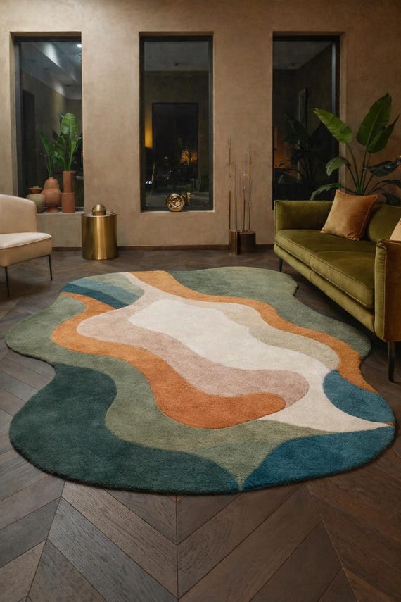 Abstract Tufted Wool Area Rug Mid Century Modern Green Rust Beige Luxury Plush Carpet 8x10 9x12 6x9 Custom Size