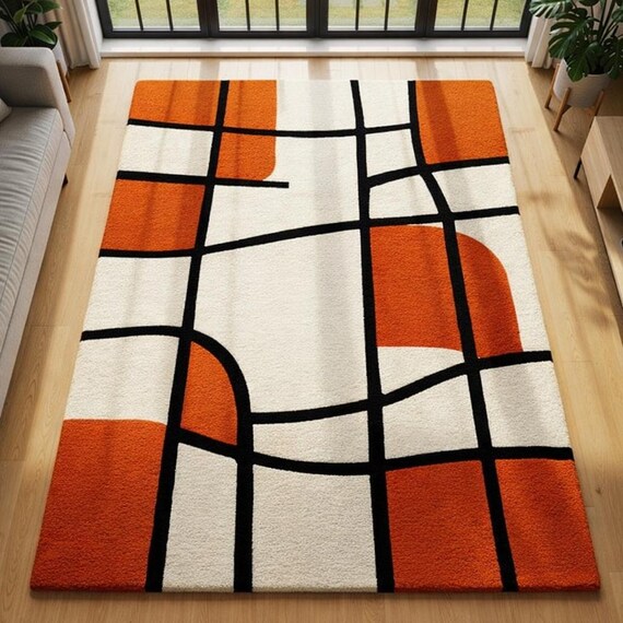 Hand-Tufted Wool Area Rug: Modern Orange, Ivory, and Black Geometric Design