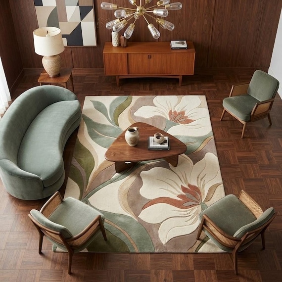 Mid-Century Modern Floral Area Rug | Handmade Wool Carpet with Sage Green Terracotta Abstract Botanical Art | Custom Sizes Available