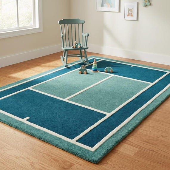 Hand Tufted Tennis Court Rug, Blue Green Wool Area Rug, Sports Inspired Geometric Rug, Modern Living Room Decor, Custom Size Wool Carpet