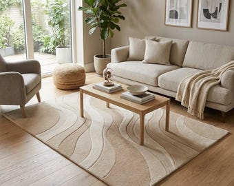 Neutral Abstract Wave Rug, Beige Cream Hand Tufted Wool Rug, Modern Minimal Living Room Rug, Organic Pattern Carpet Custom Size