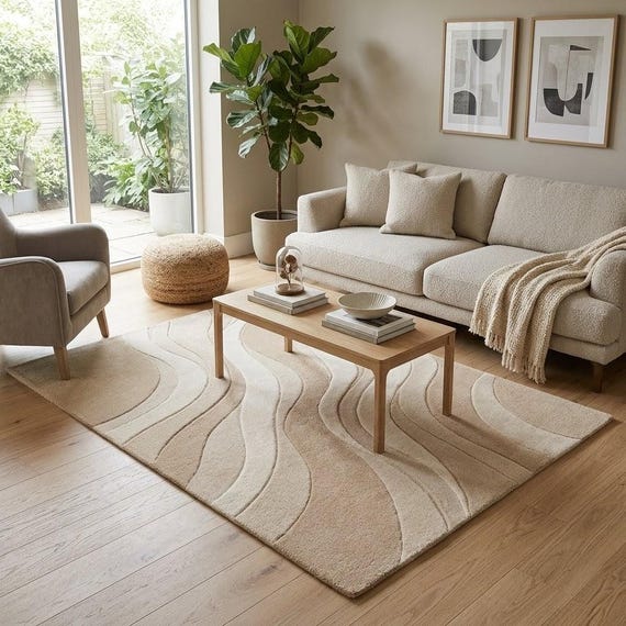 Neutral Abstract Wave Rug, Beige Cream Hand Tufted Wool Rug, Modern Minimal Living Room Rug, Organic Pattern Carpet Custom Size