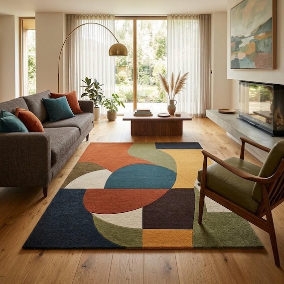 Mid Century Modern Abstract Rug, Geometric Color Block Wool Rug, Hand Tufted Living Room Carpet, Boho Nordic Decor Rug Custom Size