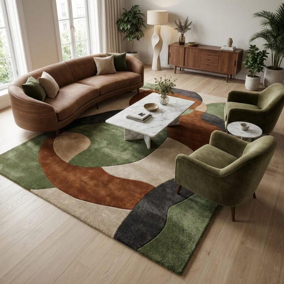 Hand Tufted Wool Area Rug: Modern Abstract Green Brown, Plush Boho Decor