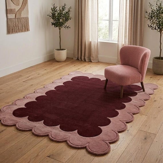 Scalloped Wool Rug, Deep Burgundy Dusty Rose, Hand Tufted Floral Carpet, Nursery Living Room
