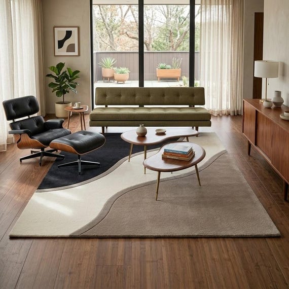 Hand Tufted Wool Rug Abstract Wavy Design for Living Room Boho Modern, Thick Plush Grey Beige Ivory Carpet, Large Size 8x10 or Custom Made