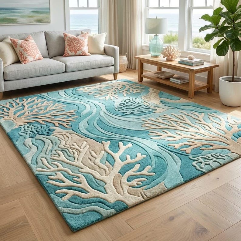 Hand-tufted 100% wool area rug featuring a 3D textured coral reef design in shades of teal, blue, and ivory, styled in a modern coastal living room and nursery.
