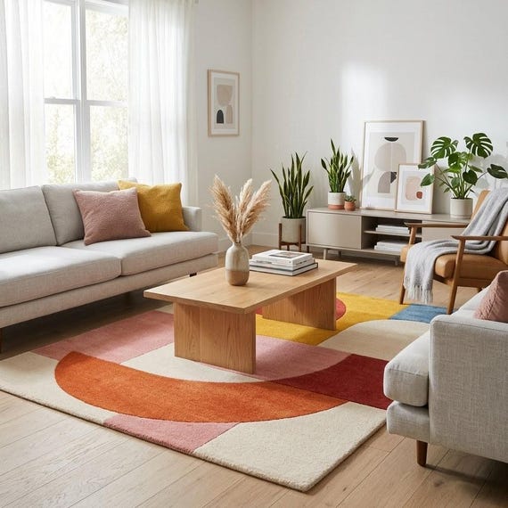 Mid Century Modern Abstract Rug, Geometric Color Block Wool Rug, Hand Tufted Living Room Rug, Nursery Rug Custom Size Available