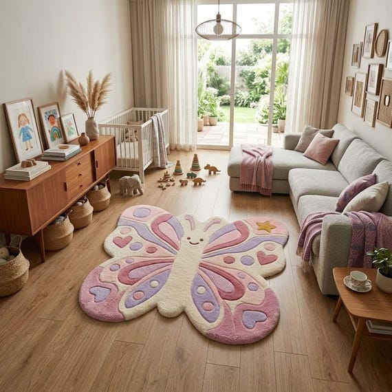 Butterfly Shaped Kids Rug Hand Tufted Wool Pink Purple Nursery Rug Cute Playroom Carpet Soft Bedroom Decor Custom Size