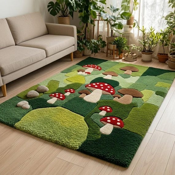 Whimsical Mushroom Rug for Living Room, Green Cottagecore Area Rug, Hand Tufted Wool Nursery Decor, Nature Inspired Kids Room Rug 5x7 8x10